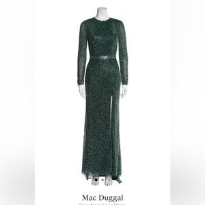 MAC DUGGAL BEADED HIGH NECK LONG SLEEVE GOWN WITH DETAILED BELT